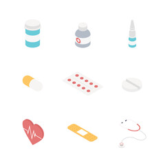Medical 3d isometric icons set. Pack elements of couch, bottle, patient monitoring system, pills, laboratory research, flask, cardiogram and other. Vector illustration in modern isometry design.