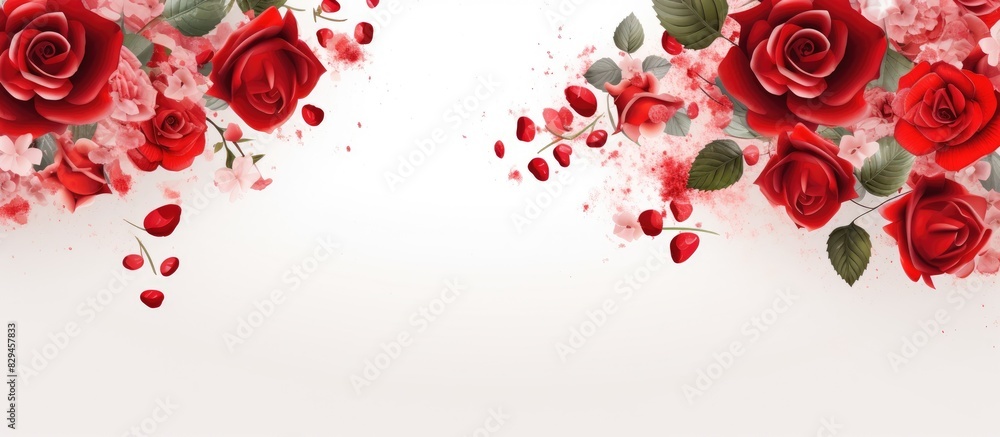 Poster Spring card with a floral festive background featuring red roses and flowers border The image is isolated on white and includes copy space