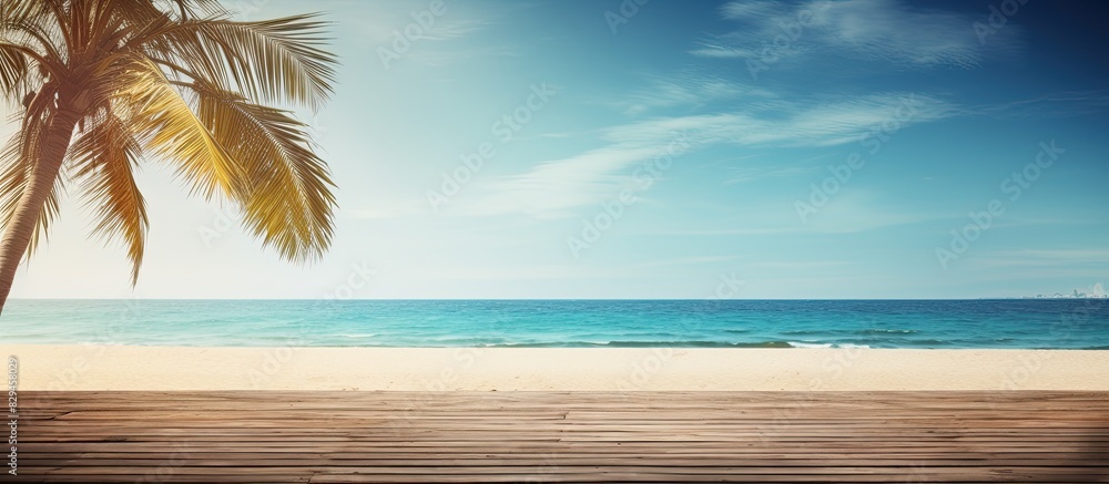 Aufkleber Summer beach scene with a palm tree and a wooden platform providing an inviting copy space image