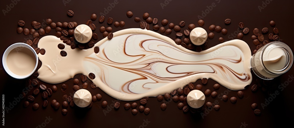 Poster pieces of chocolate and a carafe of milk on a brown color background top view place for text. copy s