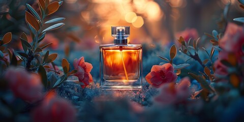 A bottle of elegant perfume against a white background, emitting a romantic and blooming fragrance.