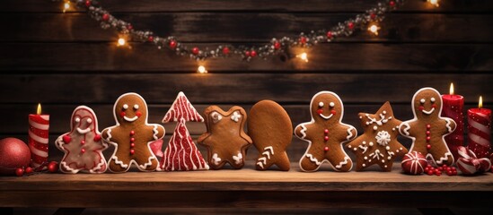 Christmas holiday festive baking with gingerbread men cookies and cookie cutter on vintage baking...