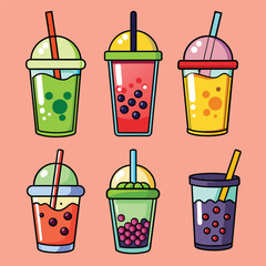Set of Bubble Tea or Coffee and milk Drinks. Boba Yummy Beverages Plastic Cups with Straw, Cartoon Vector Illustration