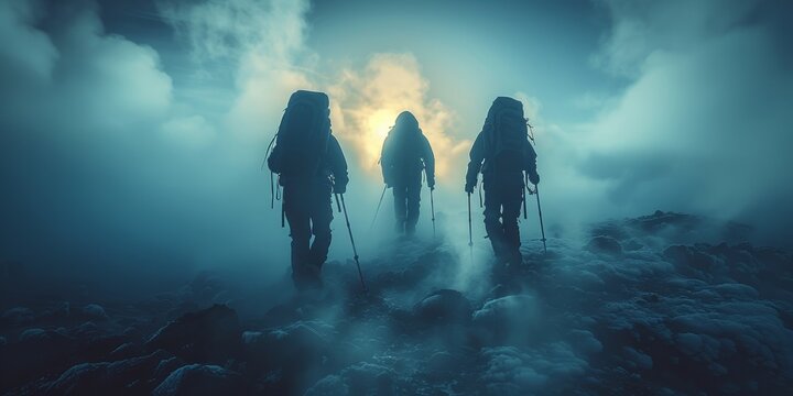 Silhouette of mountaineers in a foggy, dark landscape under a mysterious cloudscape, evoking fear.