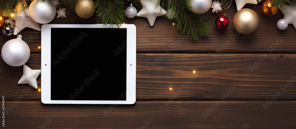 Poster white tablet computer on a wooden table with with christmas toys and stars view top. copy space avai