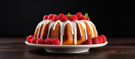 Traditional exotically bundt marble cocoa chocolate cake with icing sugar glaze and freeze dry raspberry topping served as close up on a Nordic design plate with copy space