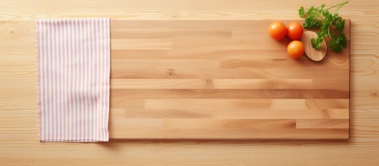 Wooden cutting board and kitchen towel Flat lay with copy space