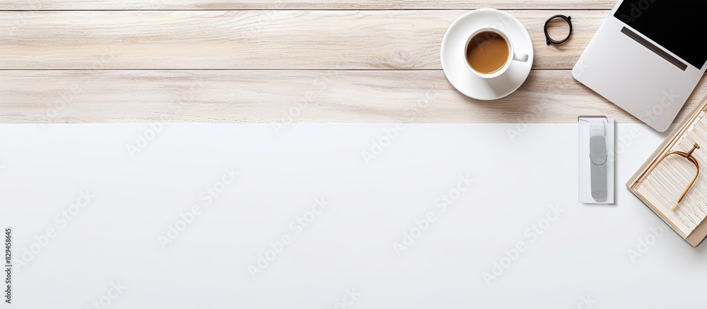 Aufkleber White desk office with laptop smartphone and other work supplies with cup of coffee Top view with copy space for input the text Designer workspace on desk table essential elements on flat lay