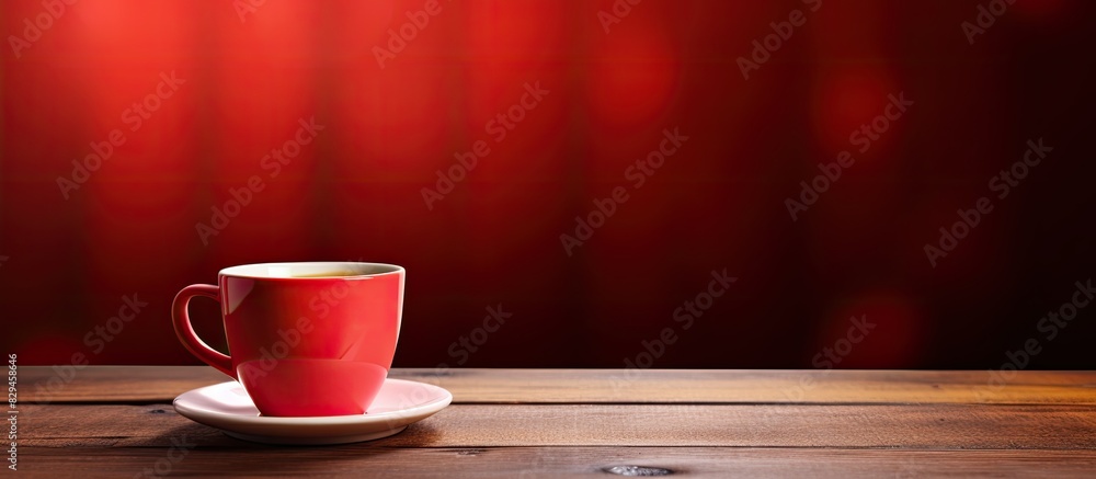Poster coffee cup red on wood table in cafe with space for text. copy space available
