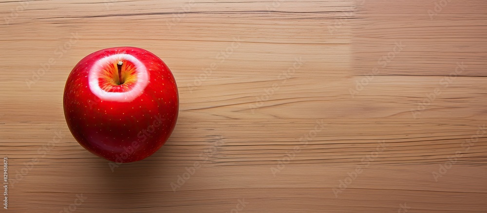 Poster single fresh red apple on wooden background Gala apple empty copy space for text top view