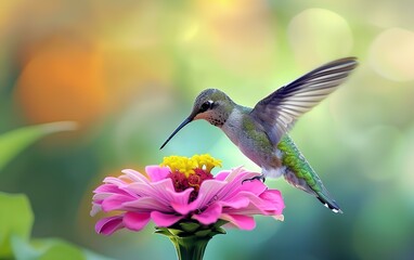 Obraz premium Hummingbird enjoying zinnia nectar Beautiful picture of a hummingbird enjoying a very beautiful little snack
