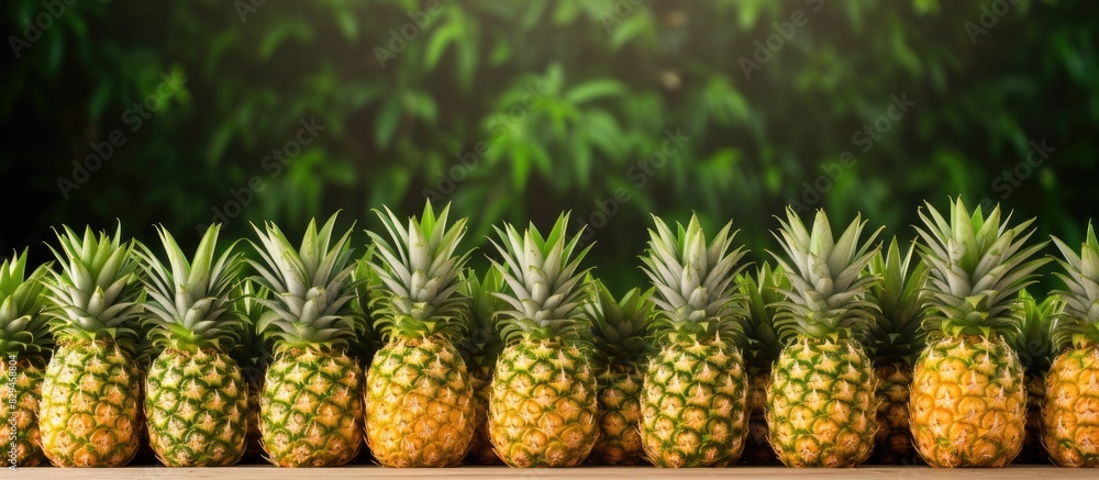 Poster ripe pineapples neatly arranged in raw with copy space over wooden and nature background