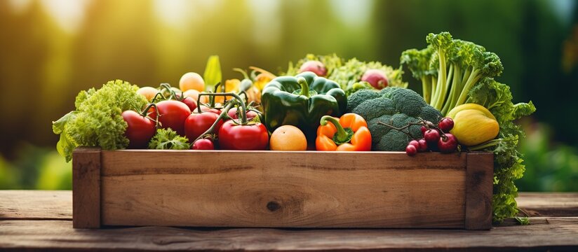 A close-up shot of a wooden box with harvested vegetables against a blurred background of farm fields. Banner for agricultural festival, thanksgiving, harvest month. - Powered by Adobe