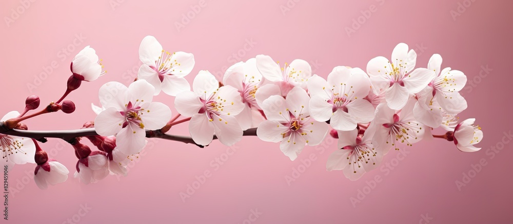 Poster sakura blooming spring flowers on a pink background with space for a greeting message the concept of