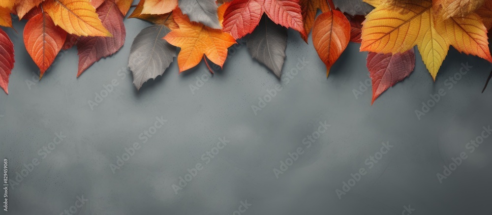 Poster autumn leaves on a gray background horizontal space for text autumn leaves pattern. copy space avail