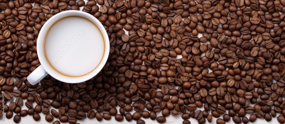 Poster a white empty cup in coffee beans backgroun flat lay copy space