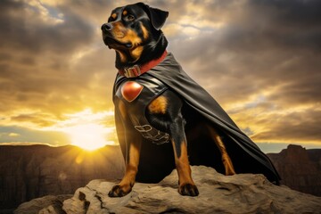 A Rottweiler dressed in a superhero cape, standing on a hilltop with a dramatic sunset sky in the background