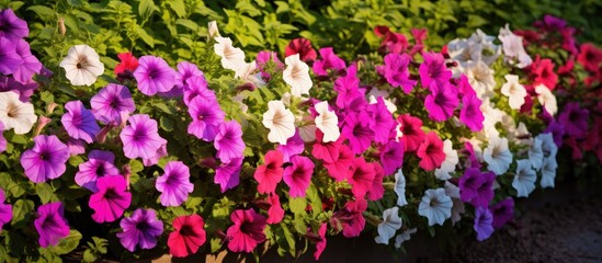 flowerbed of pitunia flowers in different shades Gardening concept Template for design Copy space