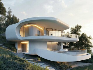 Futuristic house with sleek, curved architecture and extensive glass walls.