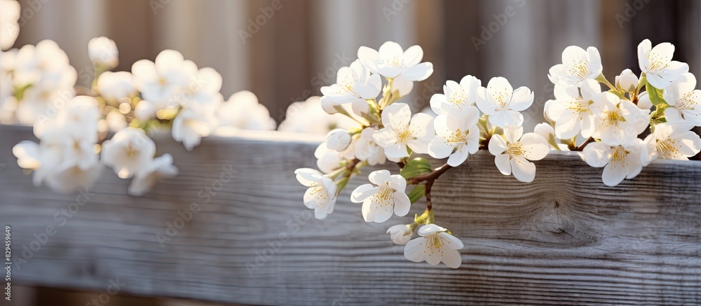 Poster spring flowering branch on wooden background plum blossoms delicate branch of flowering plum on a wo