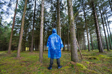 Obraz premium Man in blue plastic poncho walking in a forest