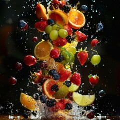 A burst of colorful fruits exploding in mid-air, with juice splashing everywhere.