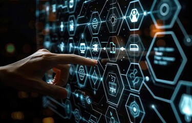 Virtual screen displaying justice icon. Businessman engaging with touch interface