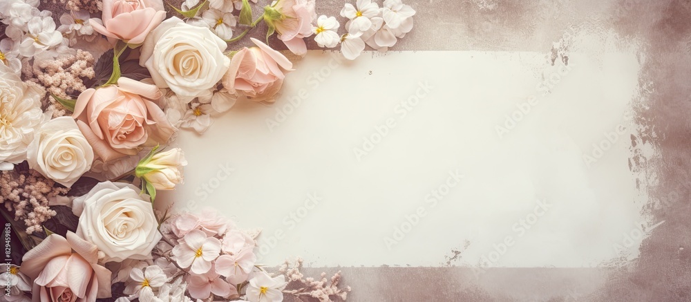 Poster wedding concept with blank message and flowers on vintage background top view copy space image