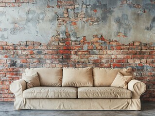 Living room with a beige sofa and an exposed brick wall.