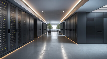 Server room, Data center with operational server racks. Concept: Modern telecomunication, AI, Supercomputer technology