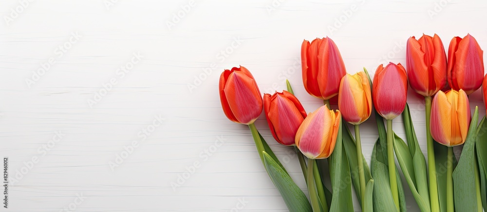 Poster colorful tulips in shades of red and orange on a clean white concrete surface with ample space for c