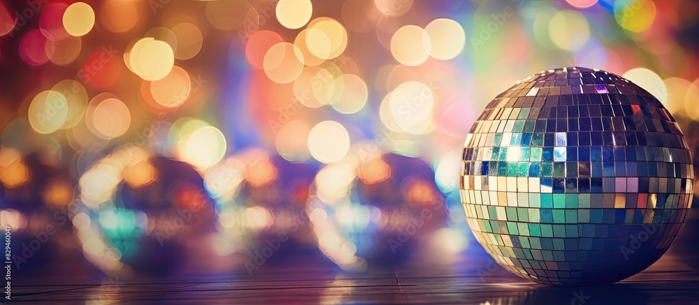 Poster shiny disco balls on blurred background color toned space for text. copy space available