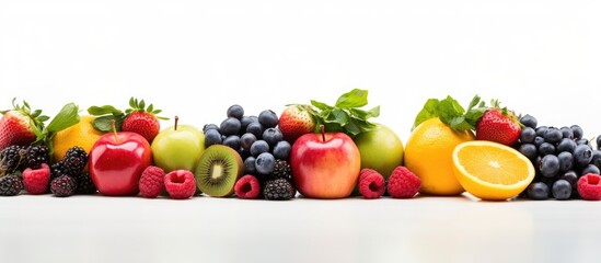 Different ripe fruits and berries lie in a solid layer on the white High quality photo. copy space available