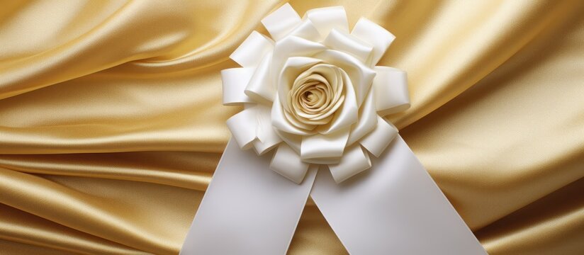 Close up view on a white ribbon rosette with gold text for 3rd place in a competition or sporting championship over a golden fabric background with copy space