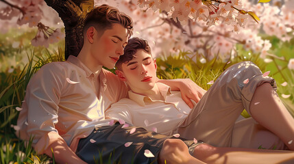 Romantic two men cuddling and hugging under the cherry blossom tree enjoying the afternoon sun gay illustration LGBT cartoon wallpaper