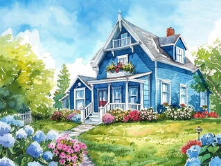 Watercolour painting of a charming blue house with a colourful garden.