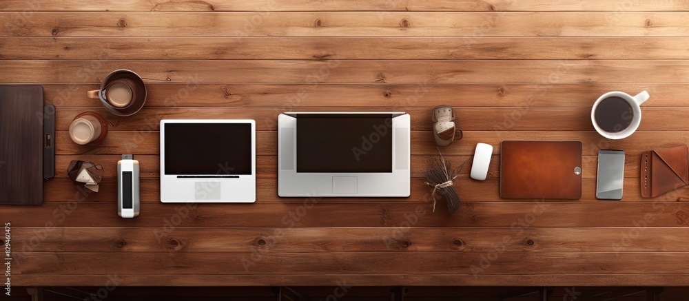 Poster top view of wood table with notebook phone tablet and laptop copy space