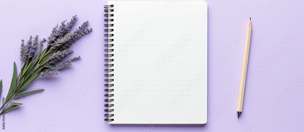 Aufkleber Notebook with blank page and pencil on light purple background Flat lay Place for text. copy space available