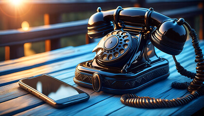 Closeup of an old-fashioned vintage black telephone and a modern mobile phone on the table. Concept of old and new technology in telecommunications. Generative Ai.