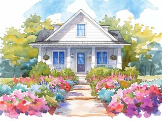Watercolour painting of a charming cottage with a vibrant garden.