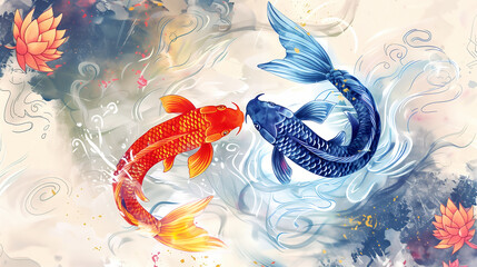Chinese painting red and blue koi playing watercolor illustration goldfish lotus landscape wallpaper