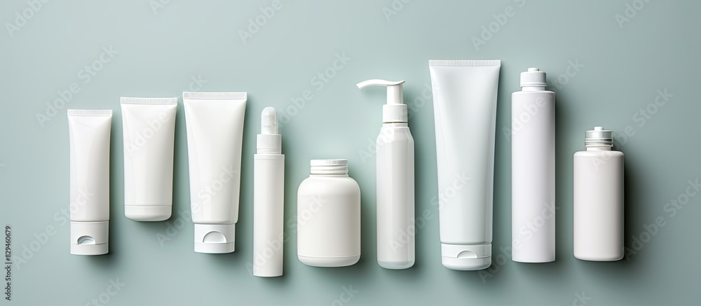 Poster group of plastic bodycare bottle flat lay composition with cosmetic products on colored background e