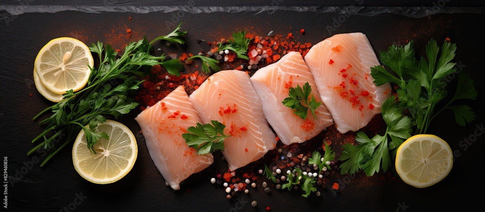 Poster Raw salmon steak lemon parsley and garlic in a row on a dark textured background flat lay Top view copy space Red fish and ingredients for cooking