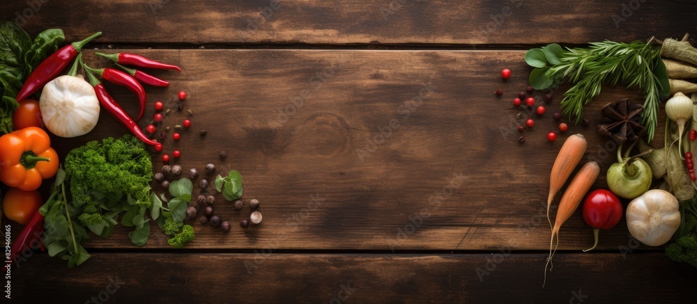 Poster Fresh herbs and vegetables on a wooden board creating a frame Healthy food background with space for copy text