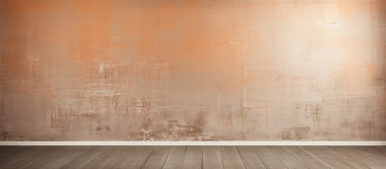Empty room wall and wooden floor for product display mockup Wall with plaster texture rough strokes of palette knife paint on the surface Abstract background for design. copy space available