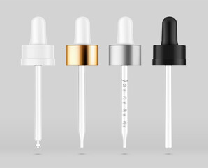 Pipette mockups for dropper bottle isolated on grey background. Vector illustration. Front view. Сan be used for cosmetic, medical and other needs. EPS10.