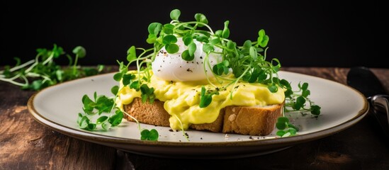 Scrambled Eggs Fluffy and Buttery scrambled eggs on bread with microgreen radish and hollandaise sauce on white plate over dark old wooden background Homemade breakfast or brunch meal Top view