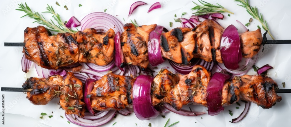 Poster grilled chicken kebab with red onions on a light table grilled meat skewers shish kebab on light bac
