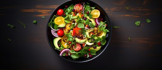 Ready served salad in bowl on dark table background View from above Detox Healthy Food Concept. copy space available