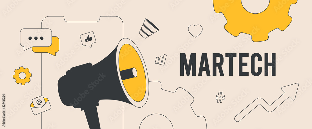 Poster martech solutions and technology marketing concept. key trends include automation software, data ana